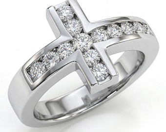 0.95ct Diamond Sideways Cross Statement Ring Channel-Set 14k White Yellow Rose Pink Gold