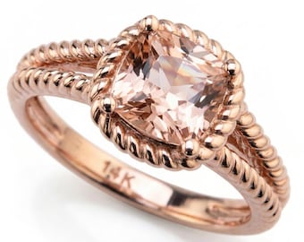 Cushion Cut Peach Pink Morganite Solitaire Split Engagement Ring 14k Rose Gold