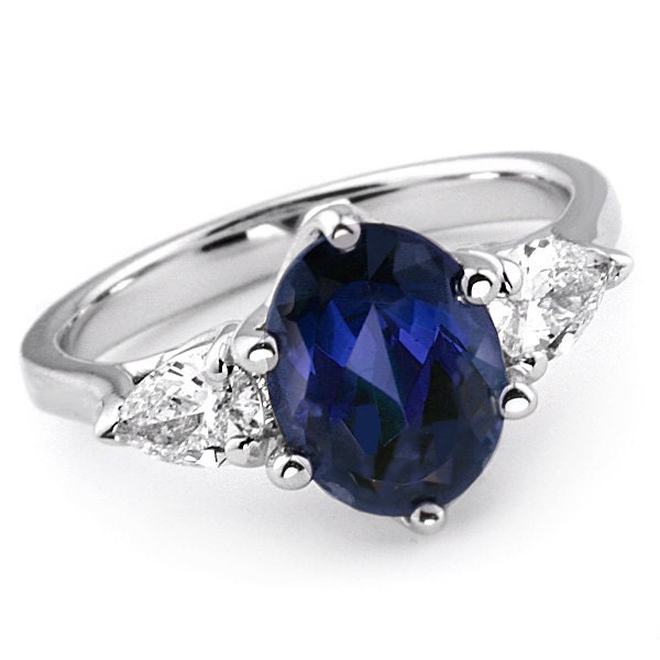 3.91ct Blue Sapphire & Fine Diamond Three Stone Engagement | Etsy