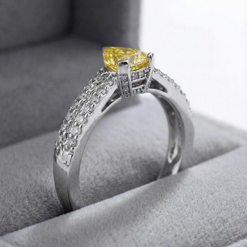 1.52 Carat Pear Shaped Fancy Canary Yellow Diamond Engagement Ring Solid 14k White Gold Split Band image 2
