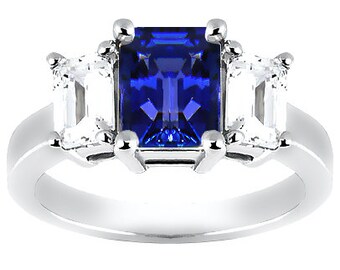 Emerald Cut Tanzanite & Fine Diamond 3-Stone Engagement Ring 14k White Yellow Rose Gold (CR100)