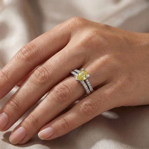 1.52 Carat Pear Shaped Fancy Canary Yellow Diamond Engagement Ring Solid 14k White Gold Split Band image 3