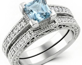 Vintage-Style Princess-Cut Blue Aquamarine and Diamond Engagement Ring Wedding Band Set 14k White Yellow Rose Pink Gold