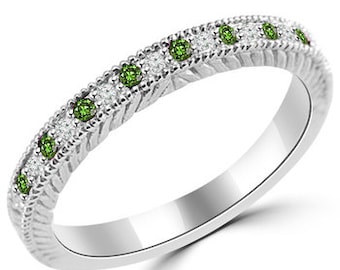 0.20ct Alternating Fancy Green & White Diamond Wedding Band Ring 14k White Yellow Rose Pink Gold Vintage Antique Style