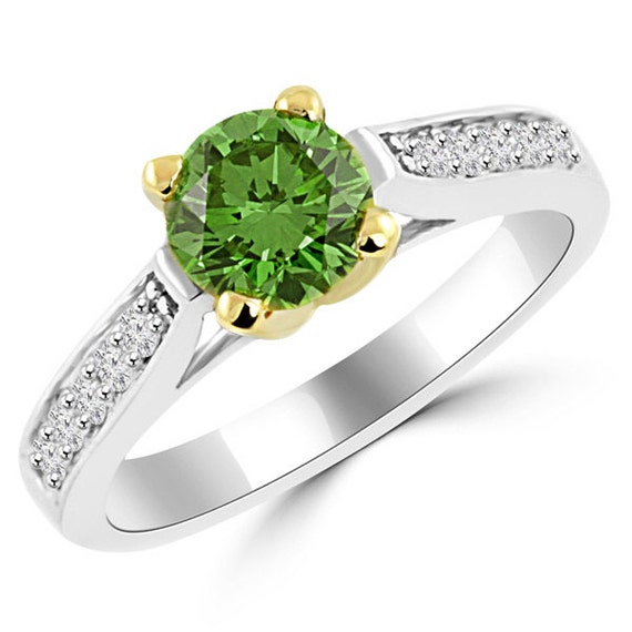 1.23ct VS1 Green Diamond Engagement Ring 18k Two Tone White Yellow Gold  (AR181)