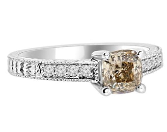 1.19 Carat Cushion Cut Champagne Brown Diamond Engagement Ring Solid 14k White Gold Antique Vintage Style