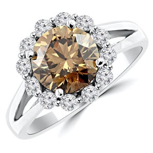 2.50ct Fancy Cognac Brown Diamond Halo Engagement Ring 14k White Yellow Rose Gold Split Band