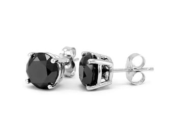 1 Carat Black Diamond Stud Earrings 14k White Gold Basket Setting (AE494)