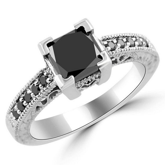 1.87 Carat Princess Fancy Black Diamond Engagement Ring 14k White Yellow Rose Pink Gold Vintage Antique Style