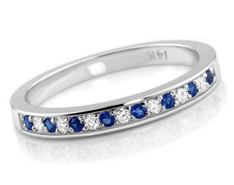 Alternating Blue Sapphire & Fine Diamond Wedding Band Ring 14k White Yellow Rose/Pink Gold