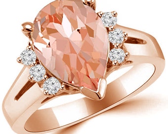 Pink Peach Morganite & Diamond Pear Shape Engagement Ring 14k Rose Gold