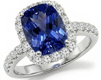 Fine Cushion Cut Tanzanite & Diamond Halo Engagement Ring 18k White Yellow Rose Gold