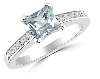 1.31ct Princess Cut Blue Aquamarine & Fine Diamond Engagement Ring 14k White Yellow Rose Pink Gold (CR551)