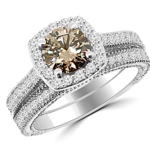 1.76ct Cognac Brown Diamond Matching Engagement Ring Wedding Band Set 14k White Yellow Rose Pink Gold Vintage Antique Style
