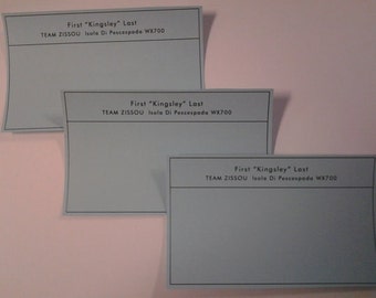 May include: Three blue rectangular labels with black borders and white text. The text on each label reads: "First "Kingsley" Last TEAM ZISSOU Isola Di Pescespada WX700".