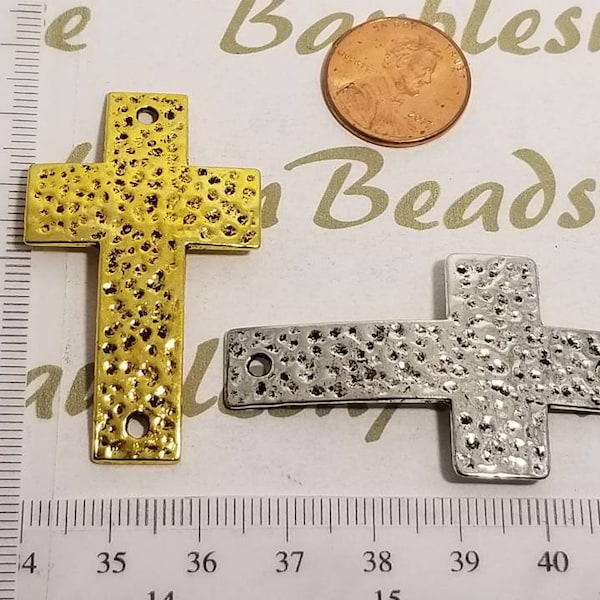 6 pcs 50x30mm - medium hammered Cross sideways link of lead free pewter in Antique Silver or Gold