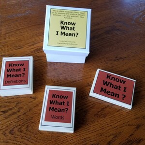 May include: A set of four boxes with the words "Know What I Mean?" on them. The boxes are labeled "Definitions", "Words", and two boxes with the same text. The boxes are white with red and yellow accents.