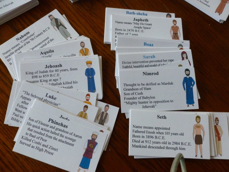 May include: A set of white cards with colorful illustrations and text about biblical figures. Each card features a different person, such as  'Nahum', 'Aquila', 'Jehoash', 'Luke', 'Phinehas', 'Bath-sheba', 'Japheth', 'Boaz', 'Sarah', 'Nimrod', and 'Seth'.