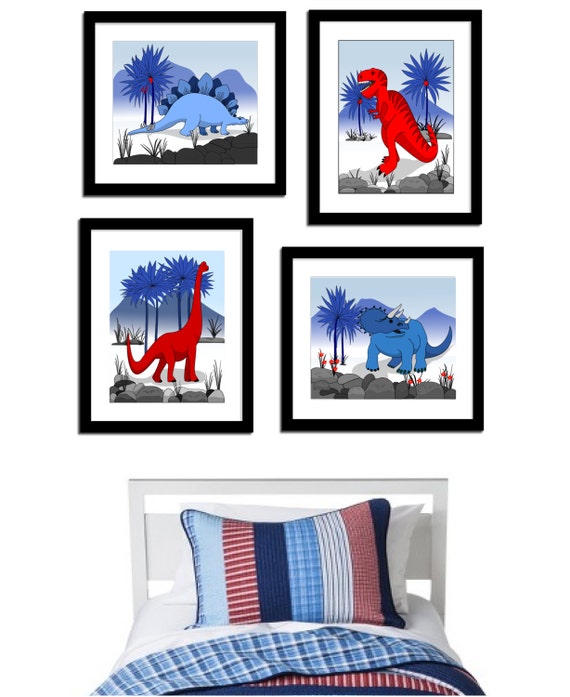 Items similar to Set of 4 Dinosaur Wall Prints, Canvas Wall Decor, Kids
