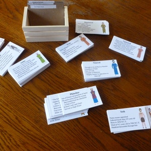 240 cartes de personnages bibliques (niveau débutant-expert), faits pertinents, devinettes, jeux d'apprentissage