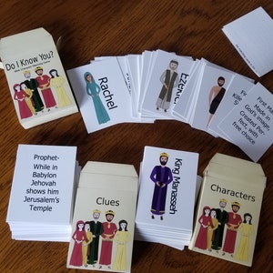 May include: A game called "Do I Know You?" with a box of cards featuring illustrations of people and a stack of cards with clues. The cards are white with black text and illustrations. The box is yellow with black text and illustrations.