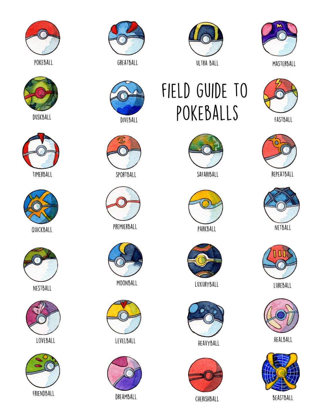 Field Guide to Pokeballs Watercolor Print - Etsy