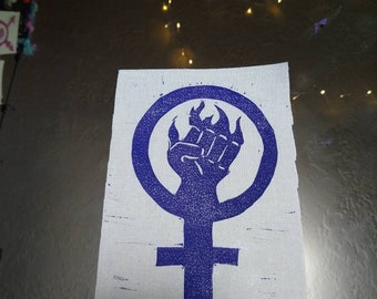 One Flaming Feminism Fist Patch on cotton