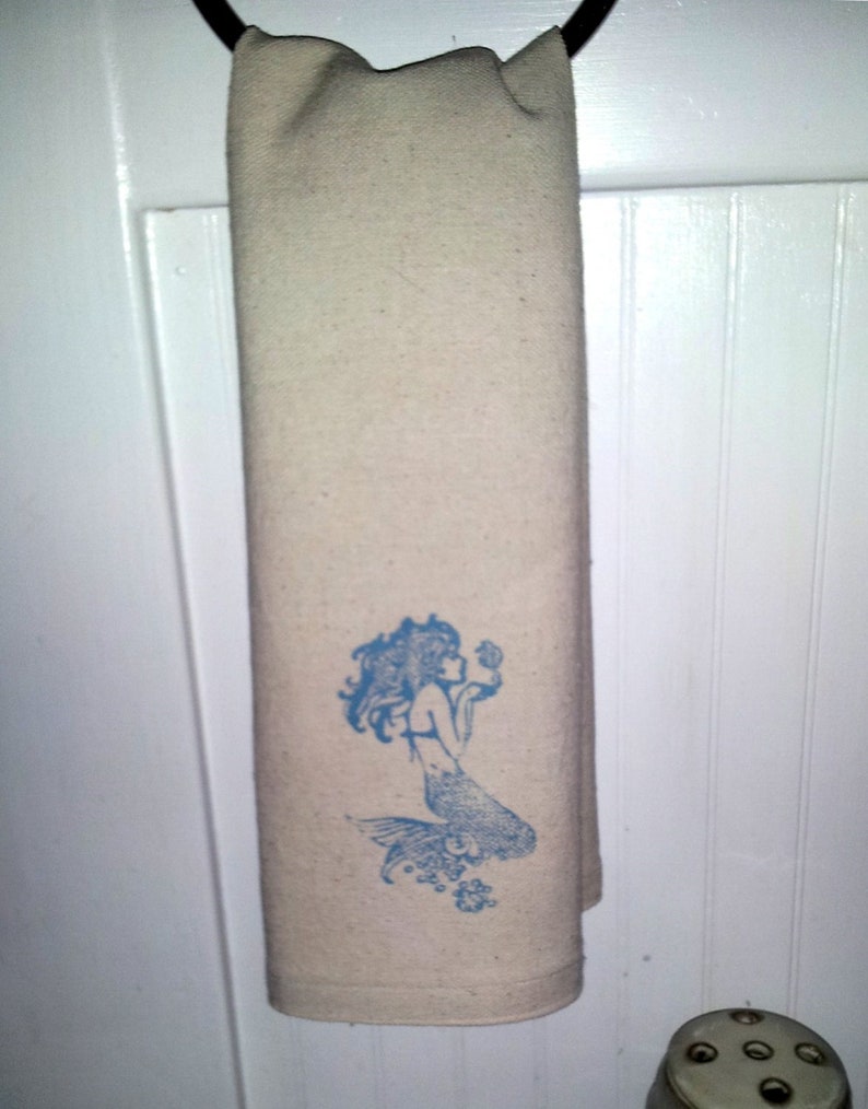 Set of 3 Mermaid hand tea towel. Beach cottage kitchen towels. Summer 2020 Sale image 1