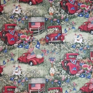 Red Truck Patriotic Summer Scene Quilting Cotton, Quilting Fabric 31-inch remnant