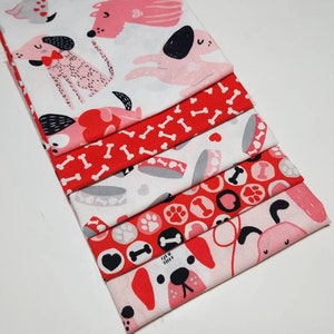 Pink Red White Dog Heart Fat Quarters, Quilting Cotton, Quilting Fabric, Quilt Sets