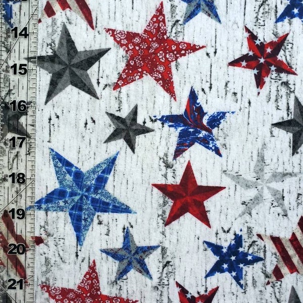Stars on Wood Cotton Flannel Fabric Remnant,  Cotton Quilting Fabric