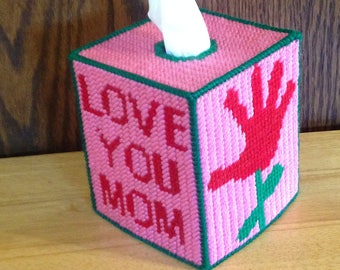 Love You Mom Tissue Box Cover, Mother's Day Gift, Hand Print Flower Tissue Holder