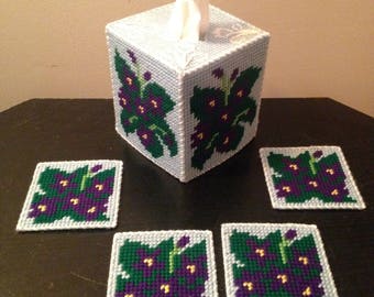 Plastic canvas  Tissue Box Cover Violets Flower, Make a Great Kitchen Décor with Drinking Coasters included