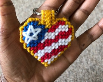 Patriotic  Heart Keychain, Plastic Canvas Keyring, Keychain for Dad
