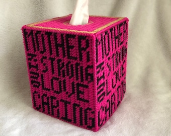 Mothers Day Tissue Box Cover, Mom Tissue Holder, Mother are Strong Kind Caring and Love, Mother's Day Gift, Needlepoint Décor