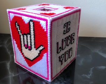 Kunststoff Leinwand Ich liebe dich Taschentuchbox Bezug, ASL Gebärdensprache Geschenk, Retro quadratischer Boutique Taschentücherhalter, handgefertigtes romantisches Badezimmerdekor