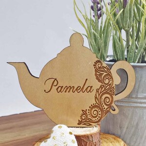 Laser Engraved Maple Teapot Place Cards: Bridal Shower Table Decor