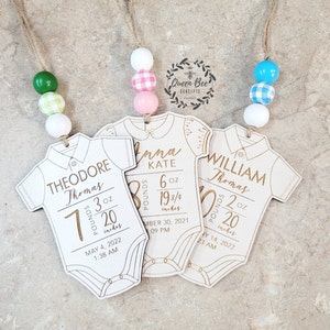 Personalized Baby Stats Ornament: Laser Engraved Wood Onesie with Beads