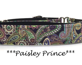 Martingale Dog Collar or Buckle Dog Collar or Buckle Mart or Chain Martingale, Green Purple, Gold, Paisley, Paisley Prince