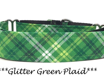Martingale Dog Collar or Buckle Dog Collar or Buckle Mart or Chain Martingale, Green Yellow white Plaid Dog Collar, Glittery Green Plaid
