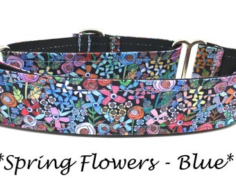 Martingale Dog Collar or Buckle Dog Collar or Buckle Mart or Chain Martingale, Blue, Pink, Orange Floral - Spring flowers - Blue