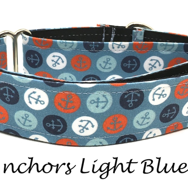 Martingale Dog Collar or Buckle Dog Collar or Buckle Mart or Chain Martingale, Orange, Light blue, Navy, White, Anchors - Anchors Light Blue