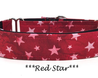 Star Martingale Dog Collar or Star Buckle Dog Collar, or Star Red Buckle Mart, or Red Star Chain Martingale - Red Stars