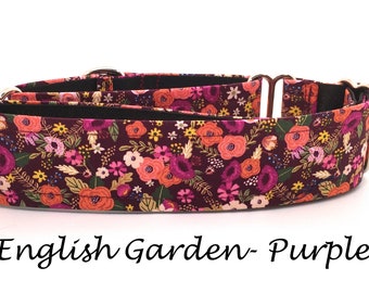 Martingale Dog Collar or Buckle Dog Collar or Buckle Mart or Chain Martingale, Pink, purple, eggplant, Brown, Flowers, English Garden Purple