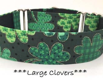 Large Clover Martingale Dog Collar or Buckle Dog Collar or Buckle Mart or Chain Martingale, Shamrock,  Green Clover, Large Clovers