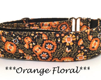 Martingale Dog Collar or Buckle Dog Collar or Buckle Mart or Chain Martingale, Orange Floral Dog Collar, Orange Floral