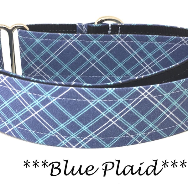 Martingale Dog Collar or Buckle Dog Collar or Buckle Mart or Chain Martingale, Jean blue, Light blue, white Plaid Dog Collar, Blue Plaid