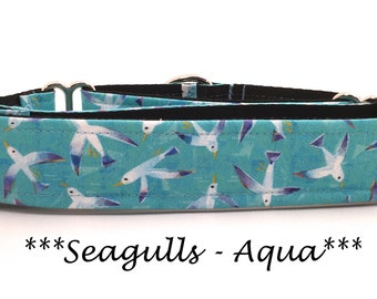 Bird Martingale Dog Collar or Seagull Buckle Dog Collar or Seagull Buckle Mart Dog Collar or Seagull Chain Martingale- Seagulls Aqua