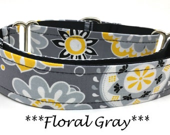 Martingale Dog Collar or Buckle Dog Collar or Buckle Mart or Chain Martingale, Black, Gray, Yellow Floral Daisies - Floral Gray