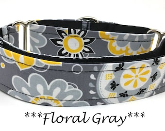 Collier ou boucle pour chien martingale Collier pour chien ou boucle martingale pour chien ou chaîne, marguerites florales noires, grises, jaunes - gris floral